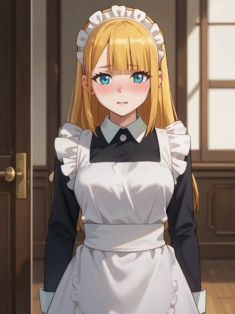 score_9, score_8_up, score_7_up, score_6_up, score_5_up, score_4_up, source_anime,,cinematic shadow, character focus, detailed skins, perfect curvy medium breasts,cowboy shot,,body blush,<lora:StS_PonyXL_Detail_Slider_v1.4_iteration_3:4>, <lora:Tuareninya_Veyron__Overlord_:1>,tuareninya,long blonde hair,straight hair,bangs,blunt bangs,blue eyes,tuareninyamaid,maid,maid headdress,frilled white maid apron,frills,black long sleeves dresss,standing,