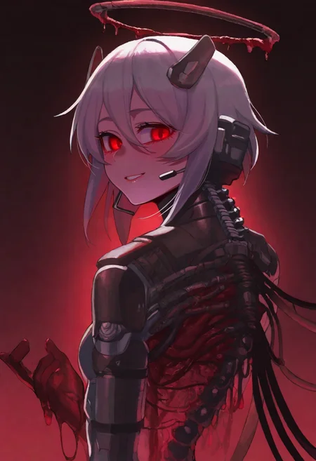 best quality, amazing quality, very aesthetic, absurdres, (nyantcha, ratatatat74:0.45), (ningen_mame:1.1), (ciloranko:1.3), (sho_(sho_lwlw):0.9), (rhasta:0.7), (ke-ta:0.7), horror, flesh, assembly line, flesh wall, 1girl, mechabare, mechanical parts, blood, cable, headset, exposed organs, transparent, mechanical spine, cyberpunk, cyborg, from side, glowing eyes, melting halo, headgear, looking at viewer, looking back, looking to the side, red eyes, science fiction, solo, tube, upper body, wire, yandere, beckoning, seductive smile