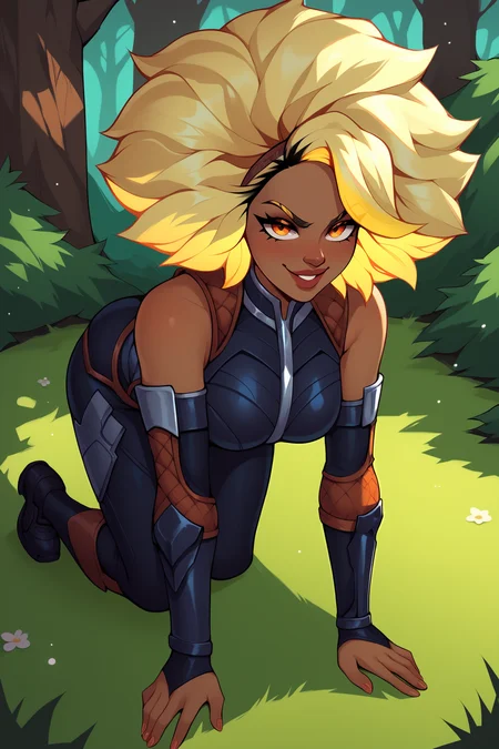 score_9, score_8_up, score_7_up, score_6_up, BREAK, RellLoLXL, dark skin, colored skin, orange eyes, blonde hair, yellow hair, afro, big hair, two-tone hair, medium breasts, armor, black bodysuit, detached sleeves, black elbow gloves, black pants, black shoes, solo, full body, all fours, seductive smile, looking at viewer, naughty face, nose blush, forest <lora:RellLoLXL:1>