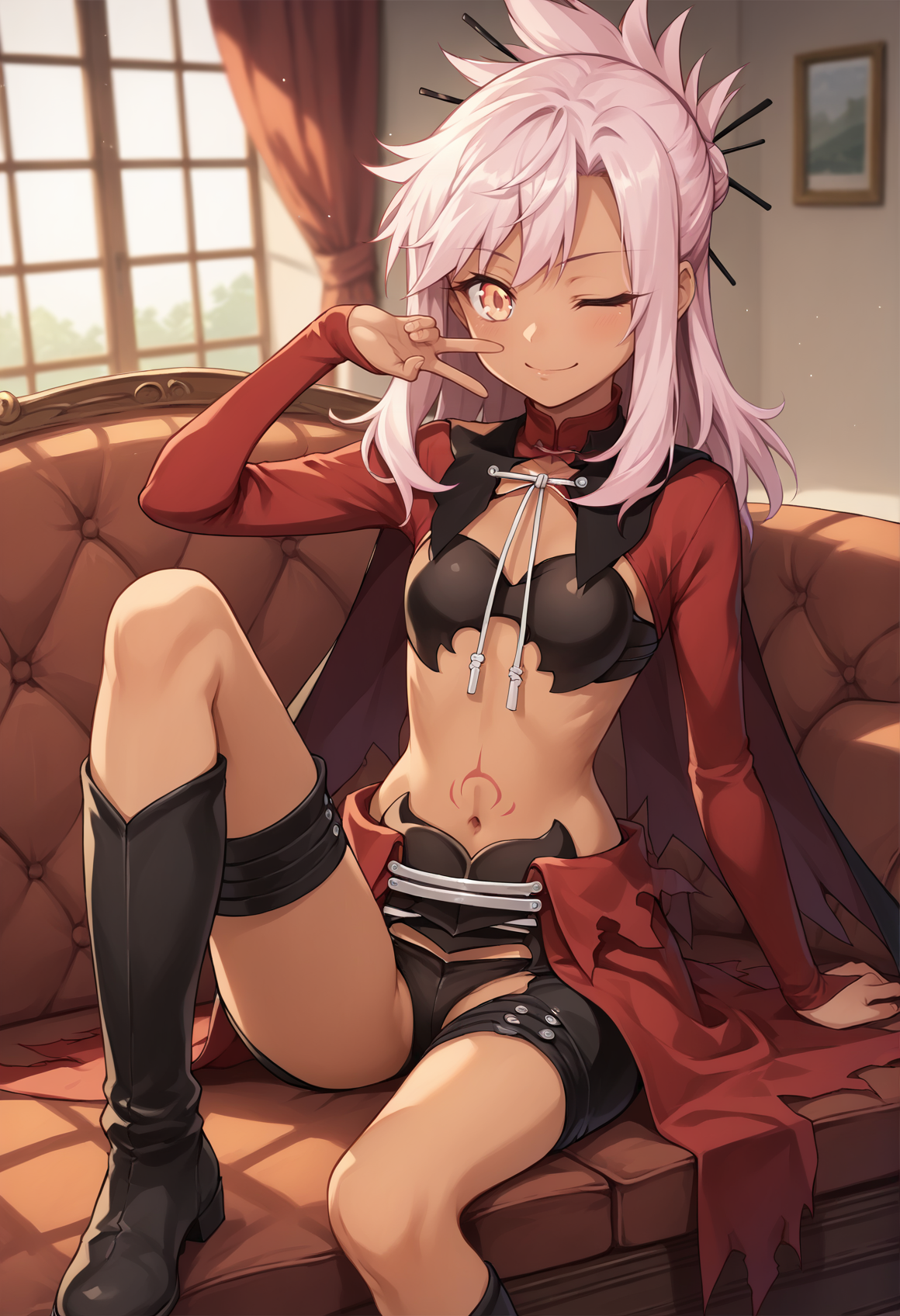 1girl, dark skin, pink hair, orange eyes, medium hair, single hair bun, topknot, stomach tattoo, long sleeves, red long sleeves, red cape, waist cape, chaps, side-tie panties, boots, sitting, couch, indoors, mansion, wink <lora:Kuro_XL:1>, score_9, score_8_up, score_7_up, score_6_up, score_5_up, score_4_up, BREAK source_anime, masterpiece