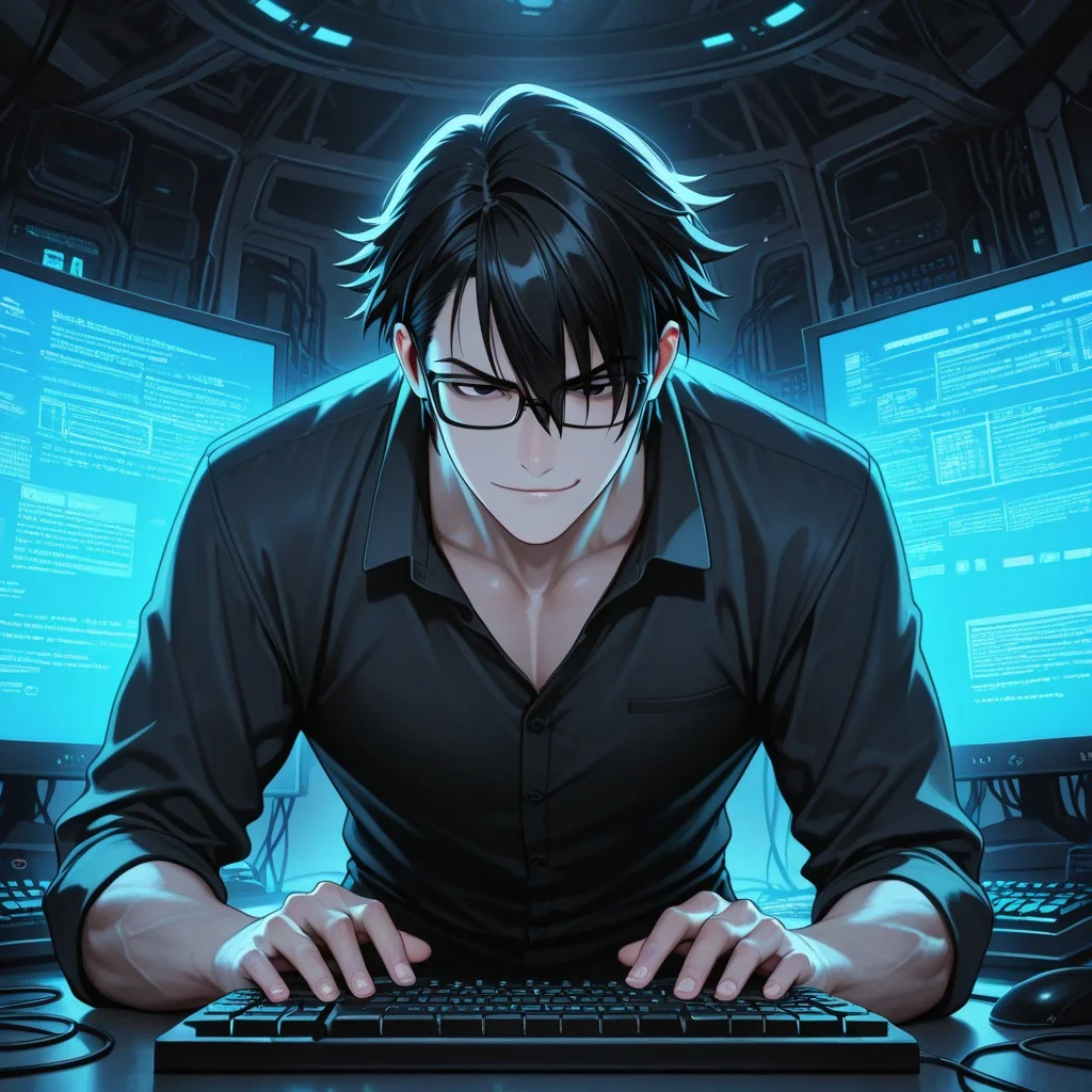 masterpiece, best quality, amazing quality, absurdres, newest, detailed background, definition so sharp, Ultra-HD, 8K cinematic, very awa, impressionate, amazing quality, highres,
solo, male focus, manly,
saruhikofushimi, saruhiko_black hair, saruhiko_black eyes, 1boy, short hair, glasses, typing, keyboard, multiple monitors, code, glowing screen, confident smirk, cool colors, cybernetic, skilled, powerful, charming, slightly sexy