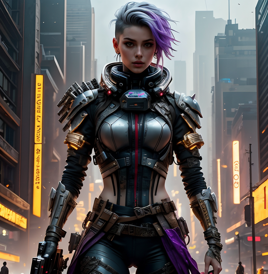 RAW photo, (masterpiece:1.3), subsurface scattering, heavy shadow, (high quality:1.4), (intricate, high detail:1.2), professional photography, HDR, High Dynamic Range, realistic, ultra realistic, photorealistic, high resolution, film photography, ambient lighting, atmospheric effects, <lora:detail_slider_v4:2>, OverallDetail,  <lora:CyberChar:1>, 1girl, belt, black jacket, clothes writing, cychar, fingerless gloves, gloves, gun, holding, jewelry, lips, nail polish, nose, purple hair, purple nails, scar, science fiction, short hair, shoulder armor, solo, thighs, undercut, upper body, white hair, epiCPhoto