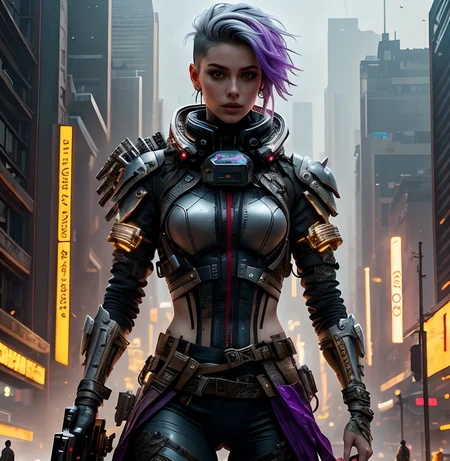 RAW photo, (masterpiece:1.3), subsurface scattering, heavy shadow, (high quality:1.4), (intricate, high detail:1.2), professional photography, HDR, High Dynamic Range, realistic, ultra realistic, photorealistic, high resolution, film photography, ambient lighting, atmospheric effects, <lora:detail_slider_v4:2>, OverallDetail, <lora:CyberChar:1>, 1girl, belt, black jacket, clothes writing, cychar, fingerless gloves, gloves, gun, holding, jewelry, lips, nail polish, nose, purple hair, purple nails, scar, science fiction, short hair, shoulder armor, solo, thighs, undercut, upper body, white hair, epiCPhoto
