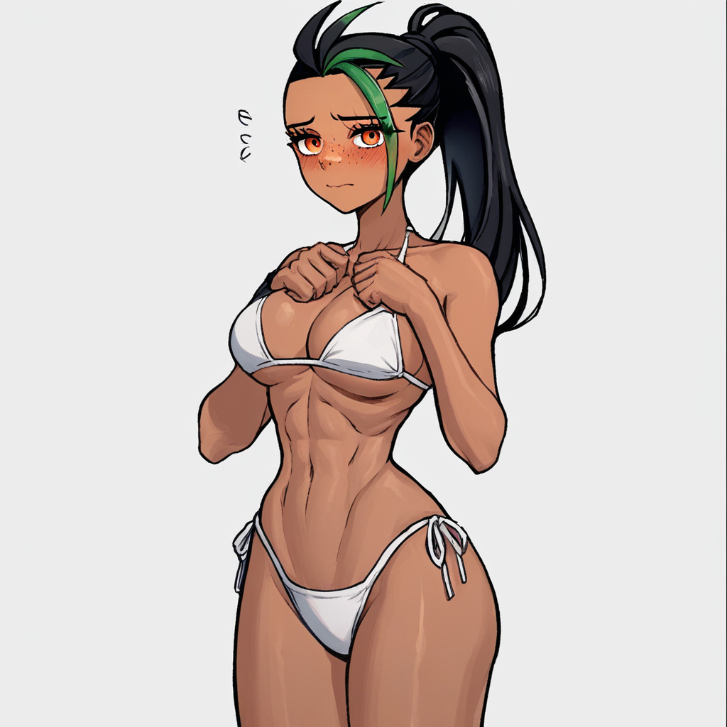 score_9, score_8_up, score_7_up, source_anime, expressive, anime, (4k4bur5tyl3:1.2), Artist speedlines, dynamic, 1girl, (nemona), streaked hair, ponytail, orange eyes, milf, aged up, curvy, fit, dark skin, (white bikini), large breasts, skinny, thick thighs, navel, standing, shy, blush, blushing, embarrassed, sensual, horny, longing, looking at viewer, source_hentai, simple background