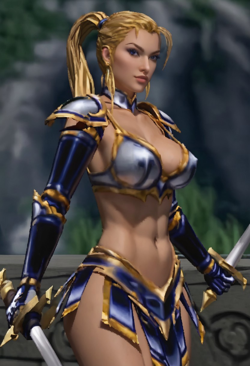 (score_9_up, score_8_up, score_7_up, score_6_up),, (high quality), (high resolution),  ultra-detailed, ultra-highres3D render , beautiful eyes, perfect lips, Taria_Mace, blonde hair, ponytail, blue eyes, bikini armor, dark-blue armor, thighhigh boots, greaves, shoulder armor, pauldron,  long sleeves armor, gauntlets, gold trim, weapon, two swords, standing, portrait, upper body, looking at view,  LARGE BREASTS, wide hips, slim waist, sexy BREAK, colorful background, BREAK score_9, score_8, score_7