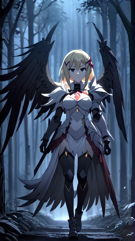 <lora:Darkness:1>
(DarknessKonosuba:1.9), DarknessKonosuba,
DarknessKonosuba wearing Armor,
<lora:Dark Fantasy:1>Dark Fantasy - A woman wearing a dress with black wings is walking in the dark forest.