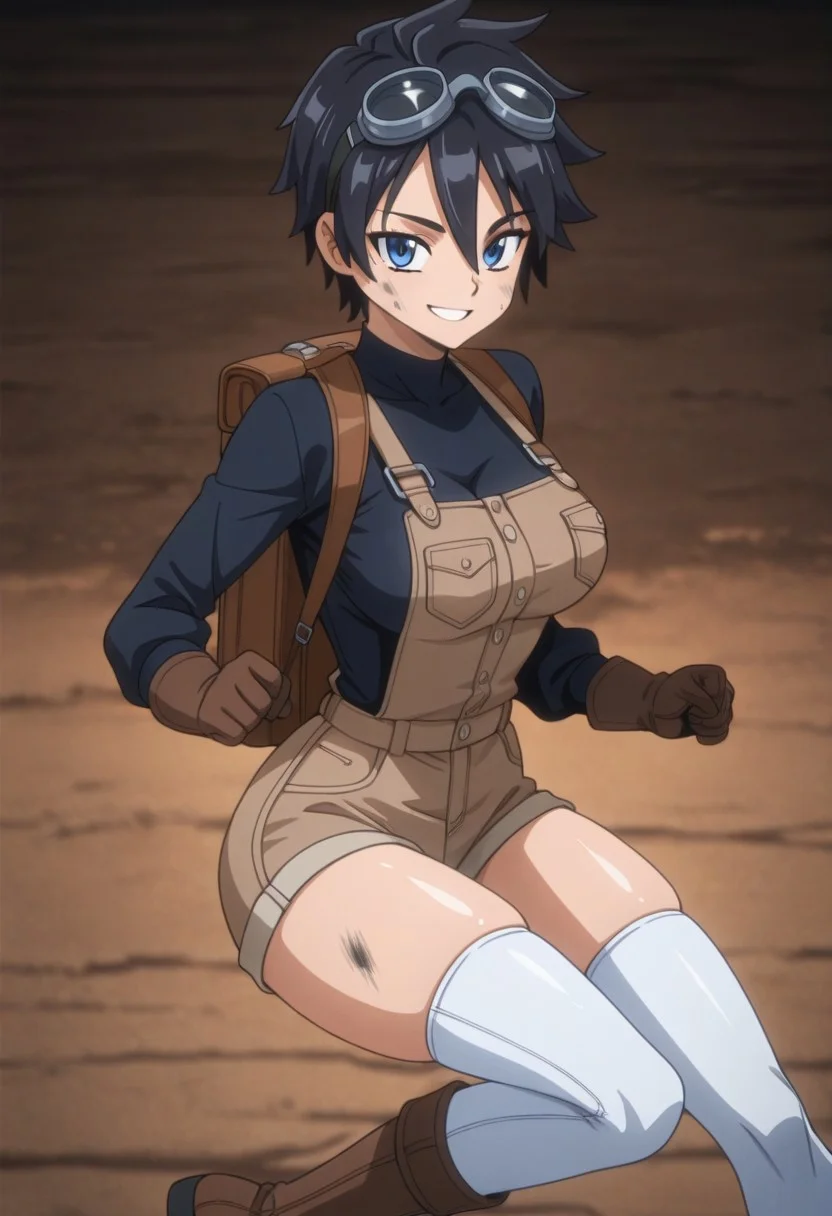 anime screencap, masterpiece, expressiveh, anime coloring, 
score_9, score_8_up, score_7_up, score_6_up,
1girl, solo, blue eyes, medium breasts, shiny skin, narrow waist, thick thighs, wide hips, perfect body, fit body, cute face, cute eyes, marie_rose_incise_soul
(black hair:1.5), (short hair:1.5), (tomboy hair:1.5), undercut
(brown overall shorts:1.5), white thigh high stockings, brown boots, brown leather gloves, goggles on her head, black crop top that doesn't cover her breasts, toolbelt, artificer, magic backpack, overalls cover her breasts
smiling, looking at the viewer
face smeared with grease, dirty face, 
dynamic pose, sexy pose
skindentation, fantasy background, 
<lora:Expressive_H:1>