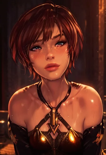 (score_9, score_8_up, score_7_up, score_6_up, score_5_up, score_4_up), source_cartoon, 1girl, beautiful girl, beautiful, adult, pose, closeup, sweat, blush, 1girl, small breasts, ganassa, LILY ARTEMIS II (STELLAR BLADE)