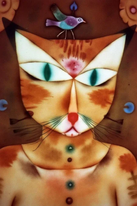 paulklee1 painting. A cat with a symmetrical face and exaggerated, almond-shaped eyes. One eye is turquoise blue, the other is a darker blue. There is a bird standing above the cat's eyes. <lora:paulklee1_cap_d8a4e6:1.0><lora:839149353366147377:0>
