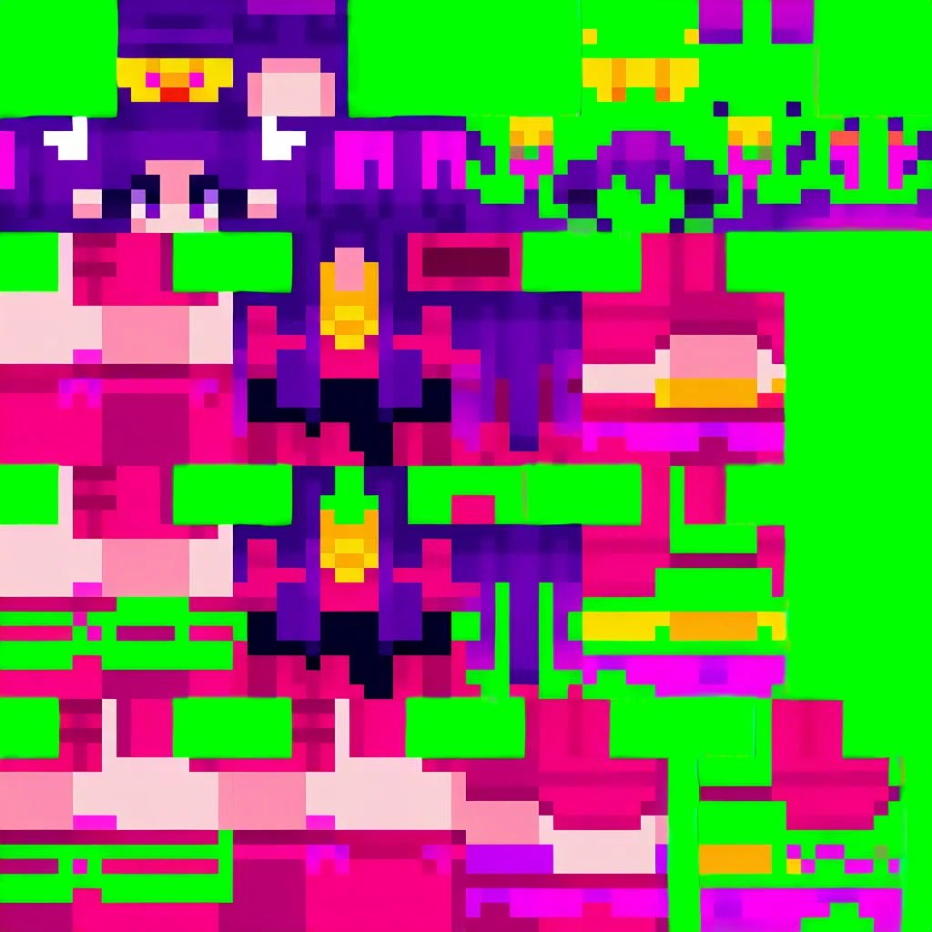 (minecraftskin, 1girl, solo, simple background, green background, full body:1.4), no mouth, no lineart, standing, oshi no ko, hoshino ai, black sash, bow, bright pupils, brooch, dress, eyelashes, frilled dress, frills, gloves, hair bow, hair ornament, idol, jewelry, long hair, looking at viewer, one side up, pink bow, pink dress, pink gloves, pleated dress, purple bow, purple eyes, purple hair, rabbit hair ornament, sash, scarf, short dress, sidelocks, star-shaped pupils, star \(symbol\), star hair ornament, symbol-shaped pupils, waist sash, white pupils, wrist bow, yellow scarf,
masterpiece, best quality, absurdres