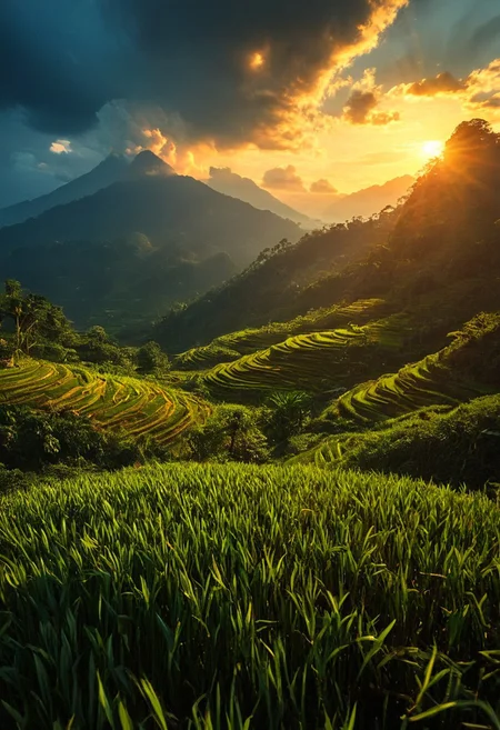 Landscape, 64k, UHD, ((masterpiece, ultimate quality)), sharp focus, beautiful scenery, highres, highly detailed, photo, realistic, photorealistic, Asian rice plantation, double exposure, realistic, whimsical, fantastic, intricate detailed, hyperdetailed, maximalist style, sharp focus, harmony, serenity, tranquility, surrounding clouds, mysterious glow, ambient occlusion, halation, cozy ambient lighting, dynamic lighting,masterpiece, masterpiece, award winning, midjourneyv6.1,double exposure , flux-style