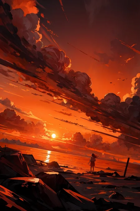 A fiery sunrise paints the sky in shades of orange and pink,<lora:add_detail:0.7>, <lora:cartoonisationer-V4-8:1>