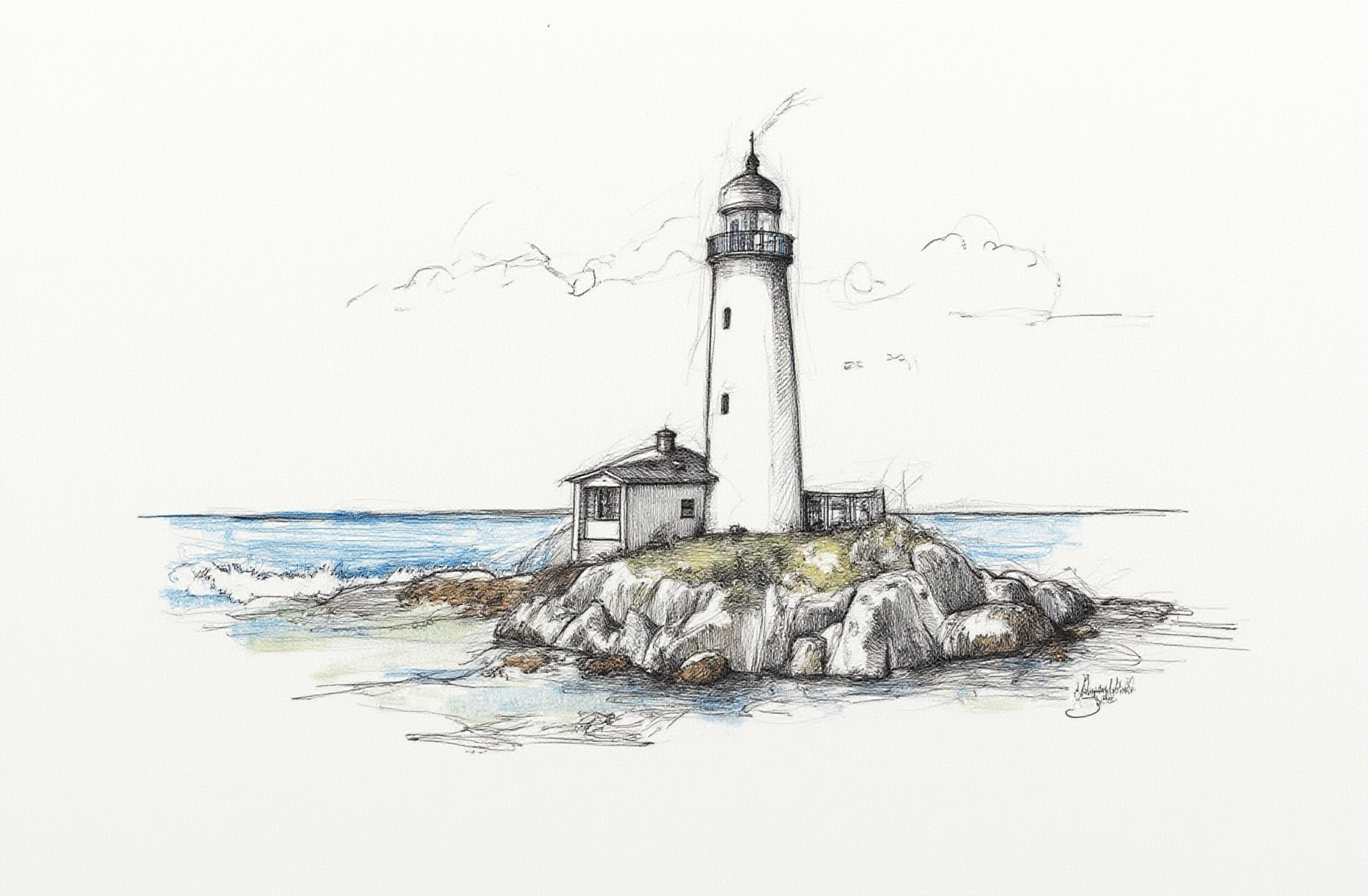 Sharp image of a rough sketch, rendered in vibrant multi colour ballpoint pen, capturing the adorable features of a black and white pencil sketch of a lighthouse on a rocky shore. The lighthouse is tall and slender with a pointed top and a small cabin on the right side. It has a small window on the left side and a staircase leading up to the entrance. The sky is cloudy and the ocean is visible in the background, with waves crashing against the rocks. The overall mood of the image is peaceful and serene.  p3nsk, <lora:p3nsk:1>
