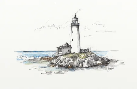 Sharp image of a rough sketch, rendered in vibrant multi colour ballpoint pen, capturing the adorable features of a black and white pencil sketch of a lighthouse on a rocky shore. The lighthouse is tall and slender with a pointed top and a small cabin on the right side. It has a small window on the left side and a staircase leading up to the entrance. The sky is cloudy and the ocean is visible in the background, with waves crashing against the rocks. The overall mood of the image is peaceful and serene.  p3nsk, <lora:p3nsk:1>