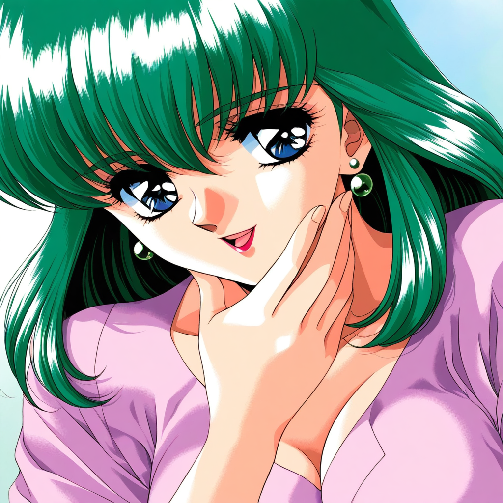 general,highres, ultra-detailed,very aesthetic,best quality ,best hands, BREAK <lora:Asakura_Kaori_YU-NO_IS:1>
Asakura_Kaori(YU-NO), 1girl, solo, green hair, large breasts, medium hair, blue eyes, lipstick, bangs, earrings, 
 close-up, smile, makeup, retro artstyle, portrait, looking at viewer, 1990s (style), hair between eyes, open mouth
