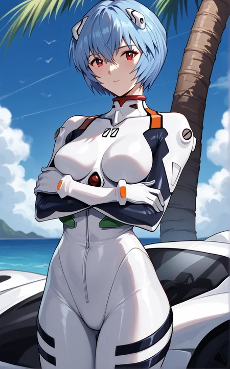score_9, score_8_up, score_7_up, absurdres, 1girl, bare tree, branch, breast hold, crossed arms, day, outdoors, palm tree, stomach, cowboy shot, blue sky, cloud, blurry background, legs together, closed mouth, standing, thighs, arm under breasts, <lora:PONYXL_Eve_ReiAyanami_ownwaifu:1>, BREAK White_PlugSuit_ReiAyanami_ownwaifu, 1girl, red eyes, short hair, blue hair, bangs, white bodysuit, interface headset, pilot suit, hair ornament, hair between eyes, turtleneck, hairpods, bracer, medium breasts, pale skin, gloves, mecha, narrow waist, skin tight, eyebrows visible through hair, breasts, shiny hair, covered navel, white gloves, bright pupils, covered collarbone, crossed bangs, impossible clothes, long legs, spacesuit, <lora:add-detail-xl:0.15>,