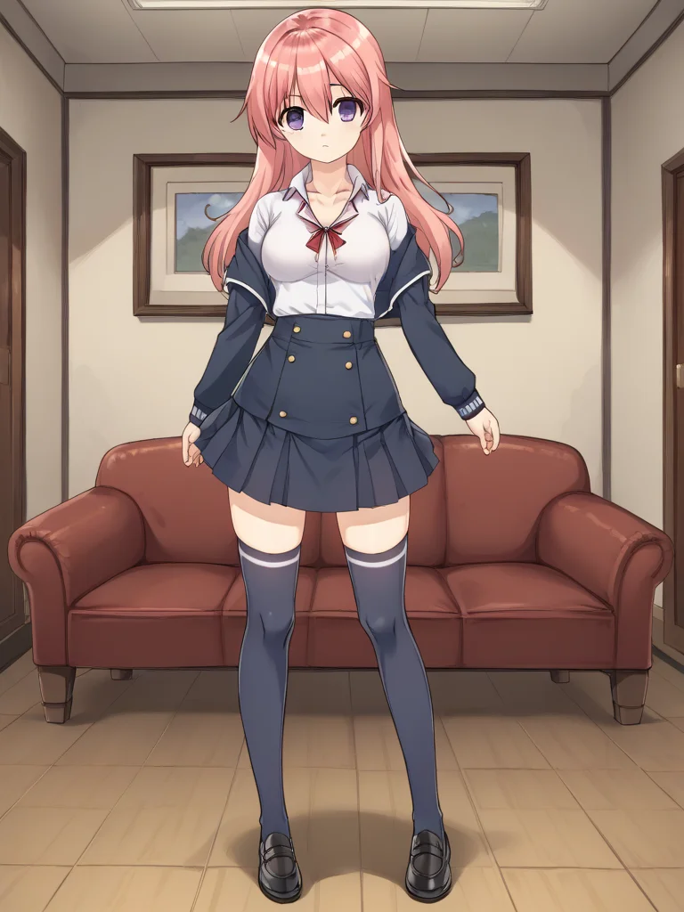 1girl, solo, fgsakura, pink hair, long hair, hair down, straight hair, purple eyes, collarbone, collared shirt, jacket, open jacket, skirt, thighhighs, school uniform, black shoes, medium breasts, indoors, living room, standing, full body, parted lips, looking at viewer