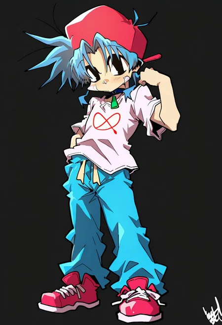 edkuroki, 1boy, pose, solo, best quality, BoyfriendFNF, light skin, spiky cyan hair, backward pink-red cap, blue brim, magenta-white short-sleeved T-shirt with a red prohibition sign, baggy blue pants, pink-red sneakers with magenta-white shoelaces, magenta-white soles, black eyes