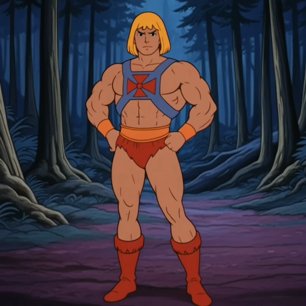 hemanmotuil, human, male, tan skin, black eyes, blonde hair, chest harness, orange bracers, orange belt, red loincloth, red boots, muscular, muscular male, solo, forest, full body, open mouth, standing, looking at viewer, hands on hips, closed mouth, <lora:4a6c5d9f-7d17-47e3-8477-bd0d955b135a:1.0>