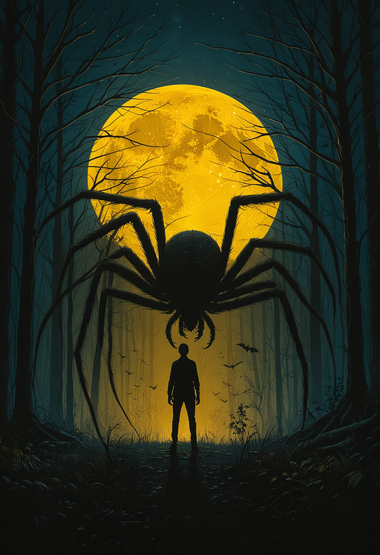 A silhouetted figure stands at the edge of a dark eerie forest under a muted yellow full moon, facing a colossal spider, spider legs ominously span the entire scene, shades of deep blue and black the scene, and distant bats dotting the sky, <lora:add-detail-xl:1>, <lora:- SDXL - vanta-black_contrast_V3.0:0.5>, <lora:MJ52:0.5>