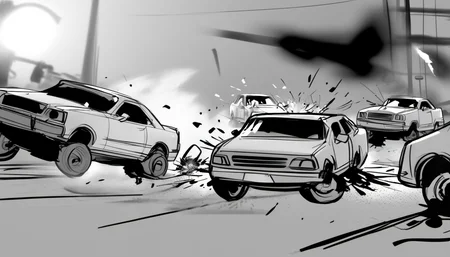 storyboard sketch of Demolition derby in full swing, cars smashing into each other, metal crunching and sparks flying. <lora:storyboard sketch:0.8>