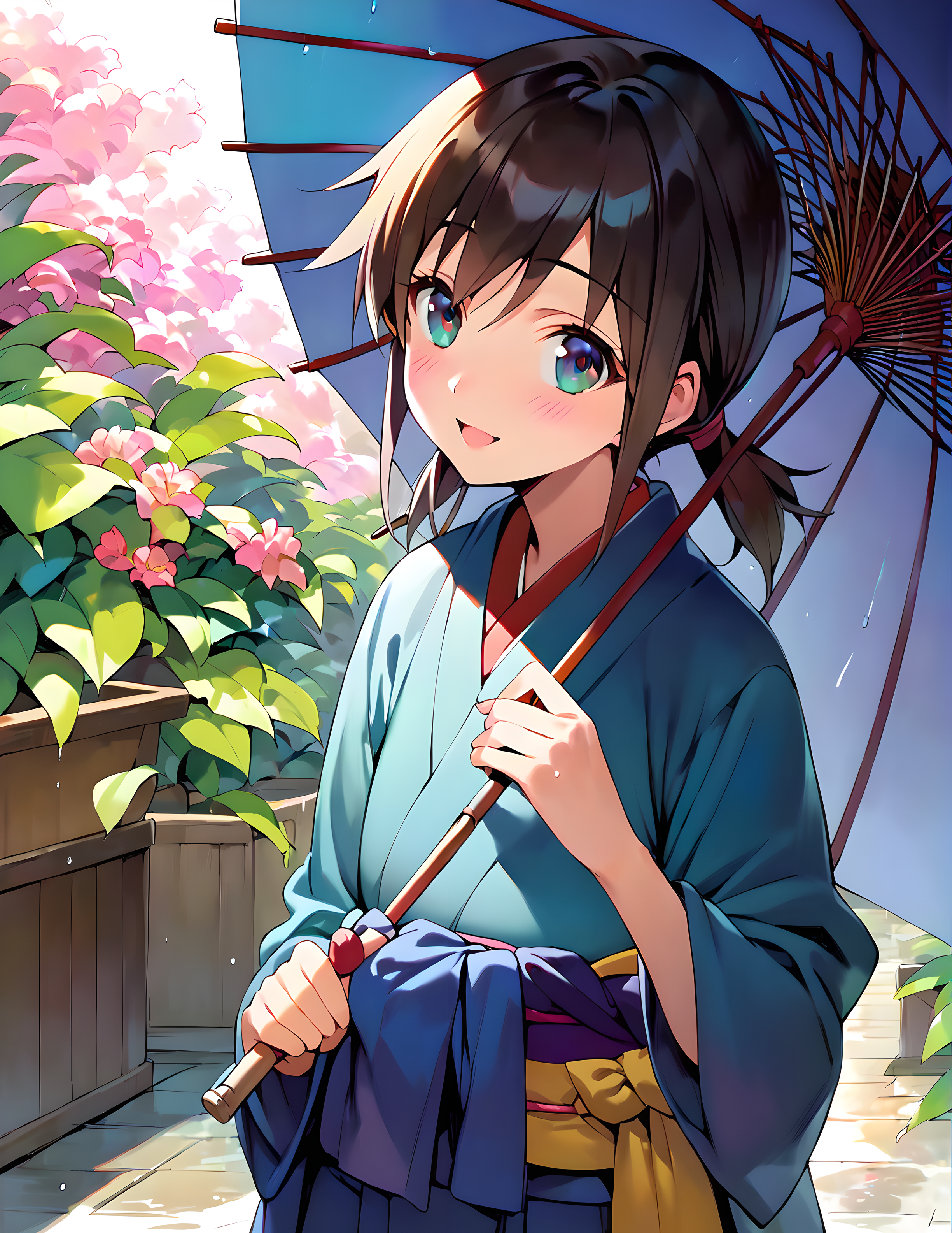 <lora:pony_xl_ayumi:0.8>,ayumi,score_9,score_8_up,score_7_up,source_anime,1girl,happy,;d,japanese garden,rainy days,cowboy_shot,japanese_clothes,light_blush,holding_umbrella,