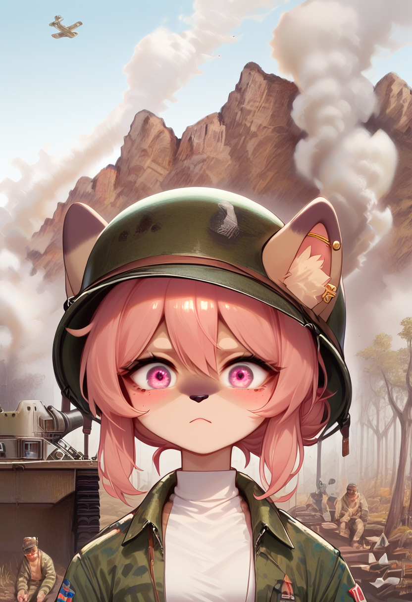 core_9, score_8_up, score_7_up, score_6_up,<lora:1000_yard_stare__Concept:1> mikus-concept,military action in background, exhausted, shocked, looks at viewer, <lora:Hazel_XL_Pony:1> Hazel Typh,full body, 1girl, best quality, furry, brown fur, pink hair, animal ears, gold piercing,animal nose, pink eyes, hair bun,<lora:ANN01:1>, <lora:Expressive_H:1> , <lora:Eyes_High_Definition-000007:1>EyesHD  <lora:Add_more_details_V2_XLpony:1> <lora:realistic_pony:0.5>,