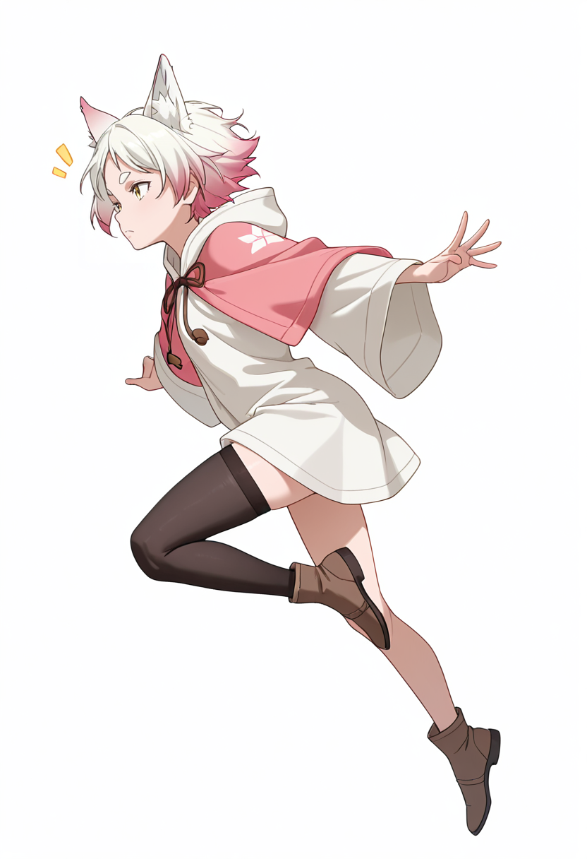 Smooth Quality,masterpiece,very intricate, high quality details, ultra realistic, high detailed skin,detailed enviorement,absurdres,
simple background, white background,solo,
jumping pose, arms spread wide, legs bent mid-air, joyful expression, dynamic energy,  ,from side,thinking,frown, 
poncho,  ,coat, ,asymmetrical stockings,  , 
 <lora:Momiji_cnn:0.8> momijicnn,1girl, wolf ears, yellow eyes, white hair, pink hair, short hair, gradient hair, thick eyebrows,