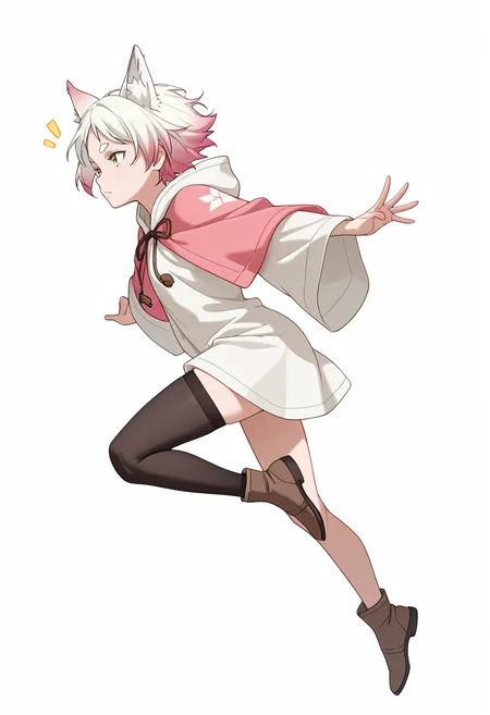 Smooth Quality,masterpiece,very intricate, high quality details, ultra realistic, high detailed skin,detailed enviorement,absurdres,
simple background, white background,solo,
jumping pose, arms spread wide, legs bent mid-air, joyful expression, dynamic energy, ,from side,thinking,frown,
poncho, ,coat, ,asymmetrical stockings, ,
<lora:Momiji_cnn:0.8> momijicnn,1girl, wolf ears, yellow eyes, white hair, pink hair, short hair, gradient hair, thick eyebrows,