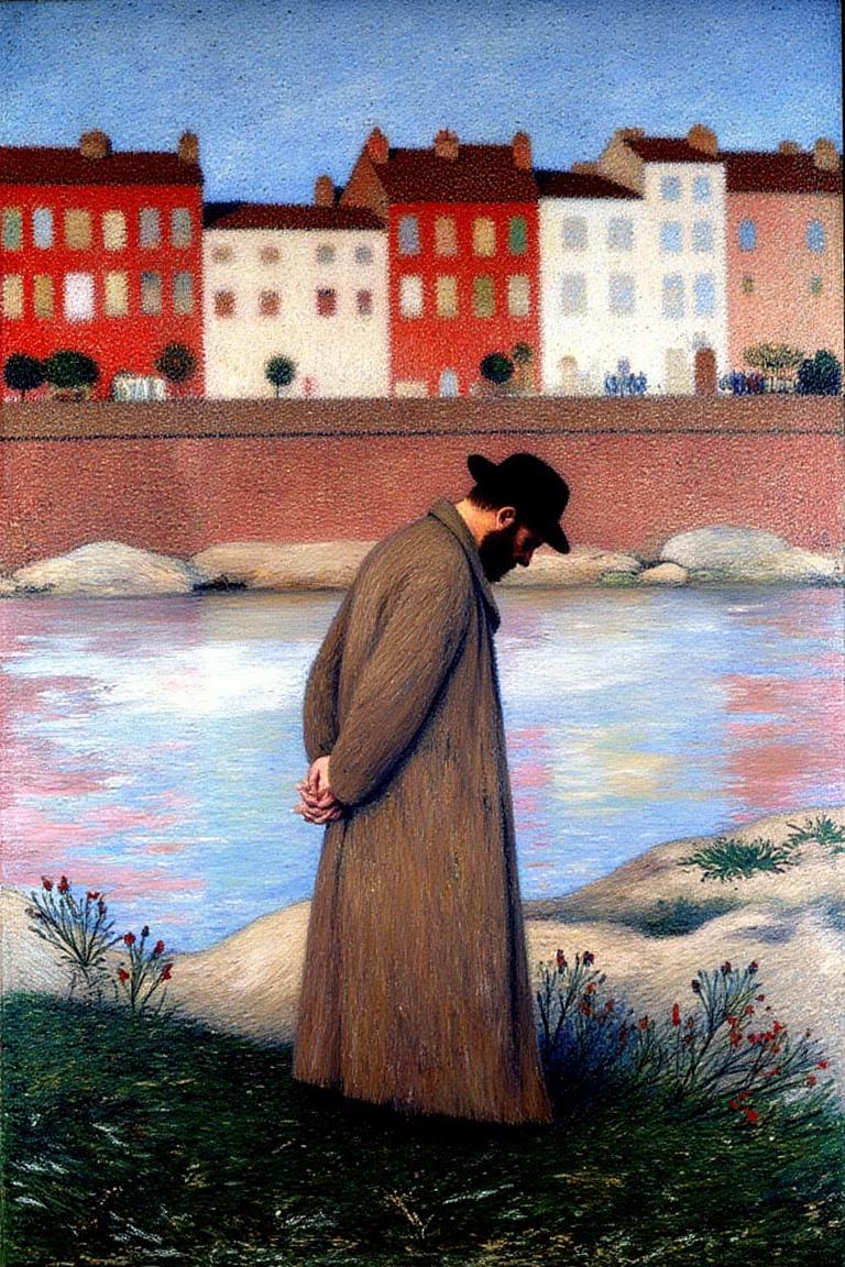 henrimartin1 painting.
A bearded man, his back to the viewer, is standing by a riverbank. He is wearing a black cap and a long brown coat. He has his hands behind his back and is looking down at the ground. Buildings in red, white, and beige line the background. The sky is blue and pink. <lora:henrimartin1_cap_d8a4e12:1.0><lora:851855161545474473:0>