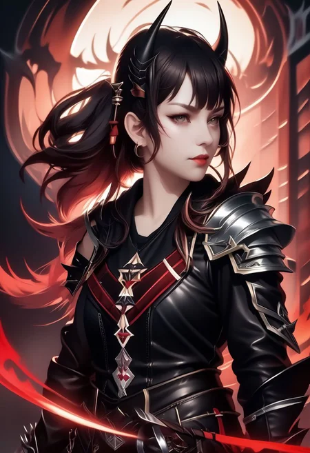 A horned female teen rogue wearing ((leather armor)), black suit, oni girl with wolf-ears, dangerous Kemonomimi waif, brunette assassin, tiefling thief, black hair, three small horns, [onii (Shuna, Hakurou) horns], tri-horn (masterpiece:1.5), (best quality), (disharmonic + ugly + unaesthetic:1.5)