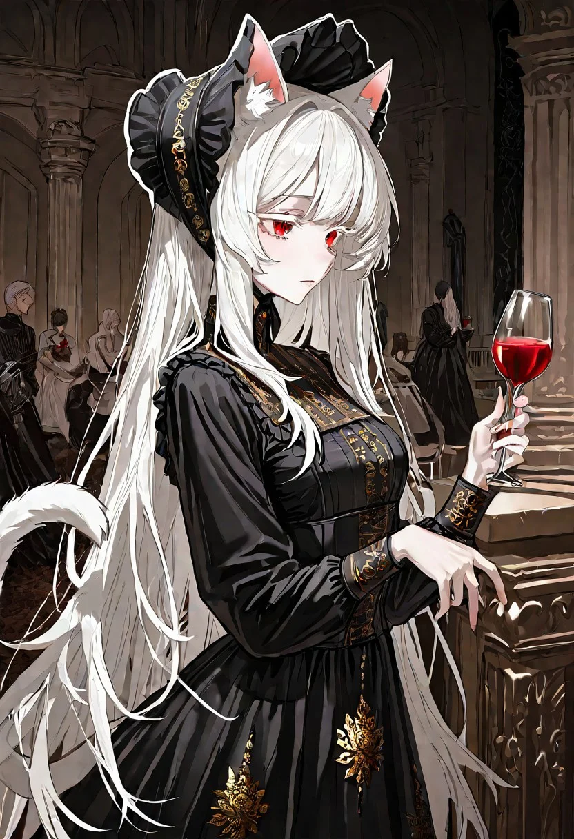 <lora:748cmSDXL:1>, best quality, masterpiece, 748cmstyle, 1girl, white hair, really long hair, red eyes, white eyelashes, small breasts, pale skin, (upper body), white outline, sketch, natural hand pose, focus on (muted purples), small cat ears, cat tail, (historical drama Victorian dress), intricate golden floral jewelry, ruffled bonnet, leaning back against pillar, ballroom, body facing side, tilted head, holding wine glass