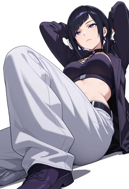 Smooth Quality,masterpiece,very intricate, high quality details, ultra realistic, high detailed skin,detailed enviorement,absurdres,
 <lora:Mannen_Ranko_CNR:0.8> mannen_cnr, 1girl,black hair, short hair, diagonal bangs, purple eyes,, simple background, white background, from below,solo,
reclining, arms folded behind head, one knee bent, looking up, peaceful mood,  ,, + +,, coat, ,peplum top,  ,loose pants, ,