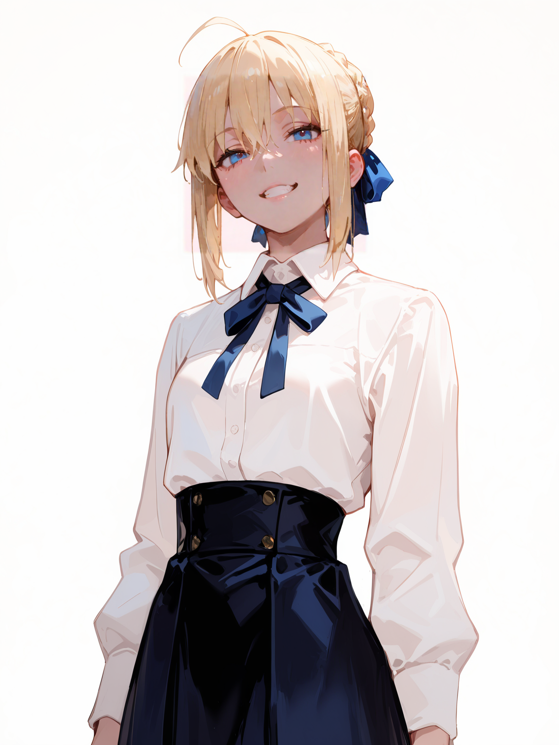 perfect quality,high quality,masterpiece,best quality,amazing quality,very aesthetic,absurdres,Cinematic Lighting,newest,
front view,full_shot,Teasing grin,
saberCYQL,solo,1girl,blonde hair,hair bun,ahoge,bangs,hair between eyes,french braid,single hair bun,hair ribbon,blue eyes,shirt,white shirt,ribbon,blue ribbon,neck ribbon,collared shirt,long sleeves,skirt,blue skirt,high-waist skirt,
full body,standing,caramelldansen,,
fuchsia background,simple background,
748cmstyle,EtherStyle,<lora:96YOTTEA-WAI:0.3>,<lora:EtherSDXL:0.4>,<lora:illustrious_all_rated_v1:0.5>,<lora:spo_sdxl_10ep_4k-data_lora_webui:0.6>,<lora:ponyv5_noobV065S_1_adamW:0.7>,<lora:748cmSDXL:0.8>,<lora:lora-000008.by_tusi:1>,