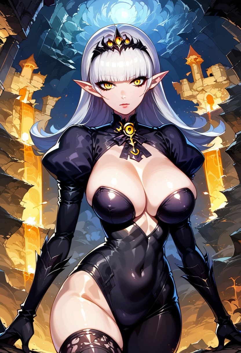 SCORE_9, SOURCE_ANIME, PORTRAIT, DARK ALICE, POINTY EARS, WHITE HAIR, YELLOW EYES, BLACK BODYSUIT, LARGE BREASTS, NIGHT, MIST, CORRUPTED LANDSCAPE, CASTLE RUINS
