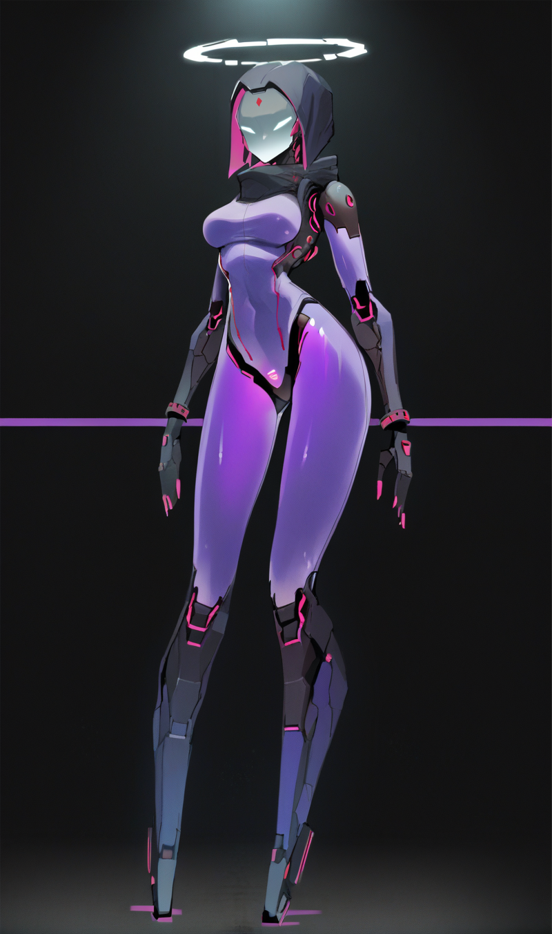 Score_9, score_8_up, score_7_up, score_6_up,  source_anime, 1girl, solo, full body, black backdrop, robot girl,  neon trim, glowing purple bodysuit, halftones, medium breasts, halo, glowing visor,  <lora:HORiZON_DOLLS_by_EchanisEnicha-000010:1>, BREAK, raven \(dc\),