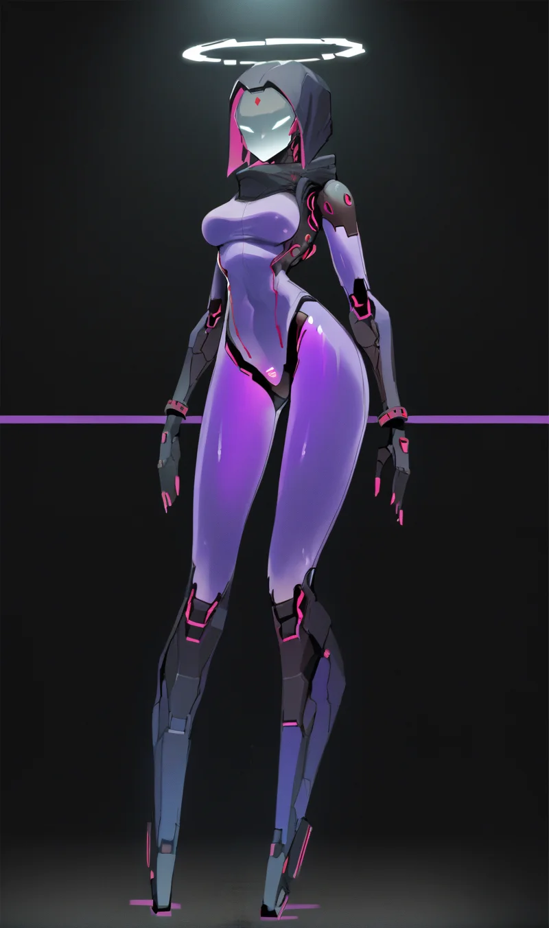 Score_9, score_8_up, score_7_up, score_6_up, source_anime, 1girl, solo, full body, black backdrop, robot girl, neon trim, glowing purple bodysuit, halftones, medium breasts, halo, glowing visor, <lora:HORiZON_DOLLS_by_EchanisEnicha-000010:1>, BREAK, raven \(dc\),