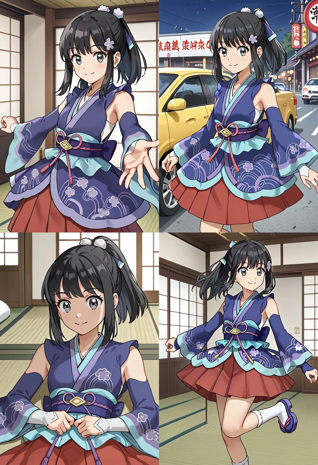 __femalePosesWildcard400_v10/female-poses__, smile, indoors, 1girl, <lora:DawnPony:1> Daw_NYear, long hair, black hair, ponytail, sidelocks, grey eyes, hair ornament, hair ribbon, purple kimono, detached sleeves, blue sleeves, red skirt, pleated skirt, white socks,