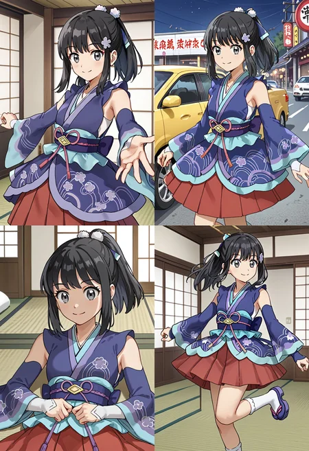 __femalePosesWildcard400_v10/female-poses__,  smile,  indoors,  1girl, <lora:DawnPony:1>  Daw_NYear, long hair, black hair, ponytail, sidelocks, grey eyes, hair ornament, hair ribbon, purple kimono, detached sleeves, blue sleeves, red skirt, pleated skirt, white socks,
