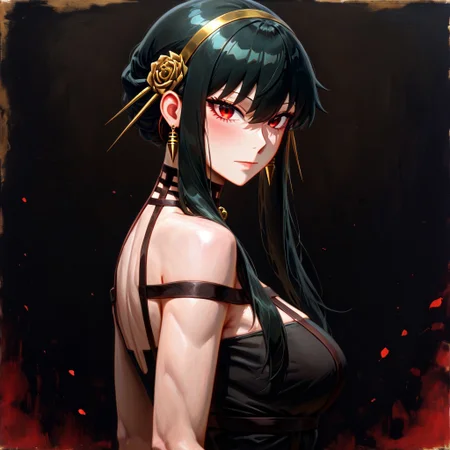 masterpiece, best quality, newest, absurdres, highres, GOTPV1.0, oil painting (medium), 
1girl, yor_briar, spy_x_family, black_hair, red_eyes, black dress,