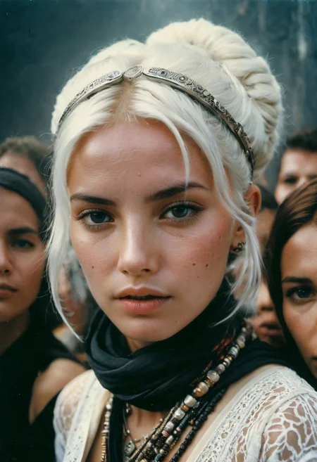 polaroid film photography, Describe the captivating Closeup scene captured in the photograph featuring a female busty Sci-fi Bedouin freckled blushed pureerosface_v1 time traveler with tousled white hairbun in the style of Final Fantasy, nose piercing, amidst a mesmerized audience. Provide details about the artist's attire, sci-fi clothes intricate design, and the expressions of the onlookers as they witness this extraordinary performance. Atmospheric haze