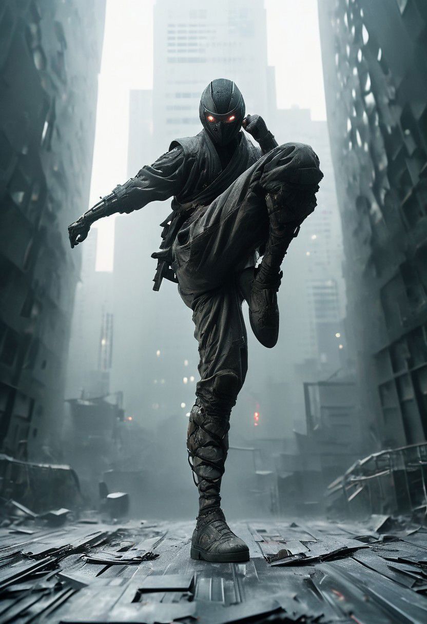 closeup, fight stance, high kick, knee Up, a dark ninja hobo, freak in ugly costume, in a dystopian bladerunner flaired megacity skyscaper shiny floor with huge window to neo tokyo,
very detailed, atmospheric haze, Film grain,  atmospheric lighting,