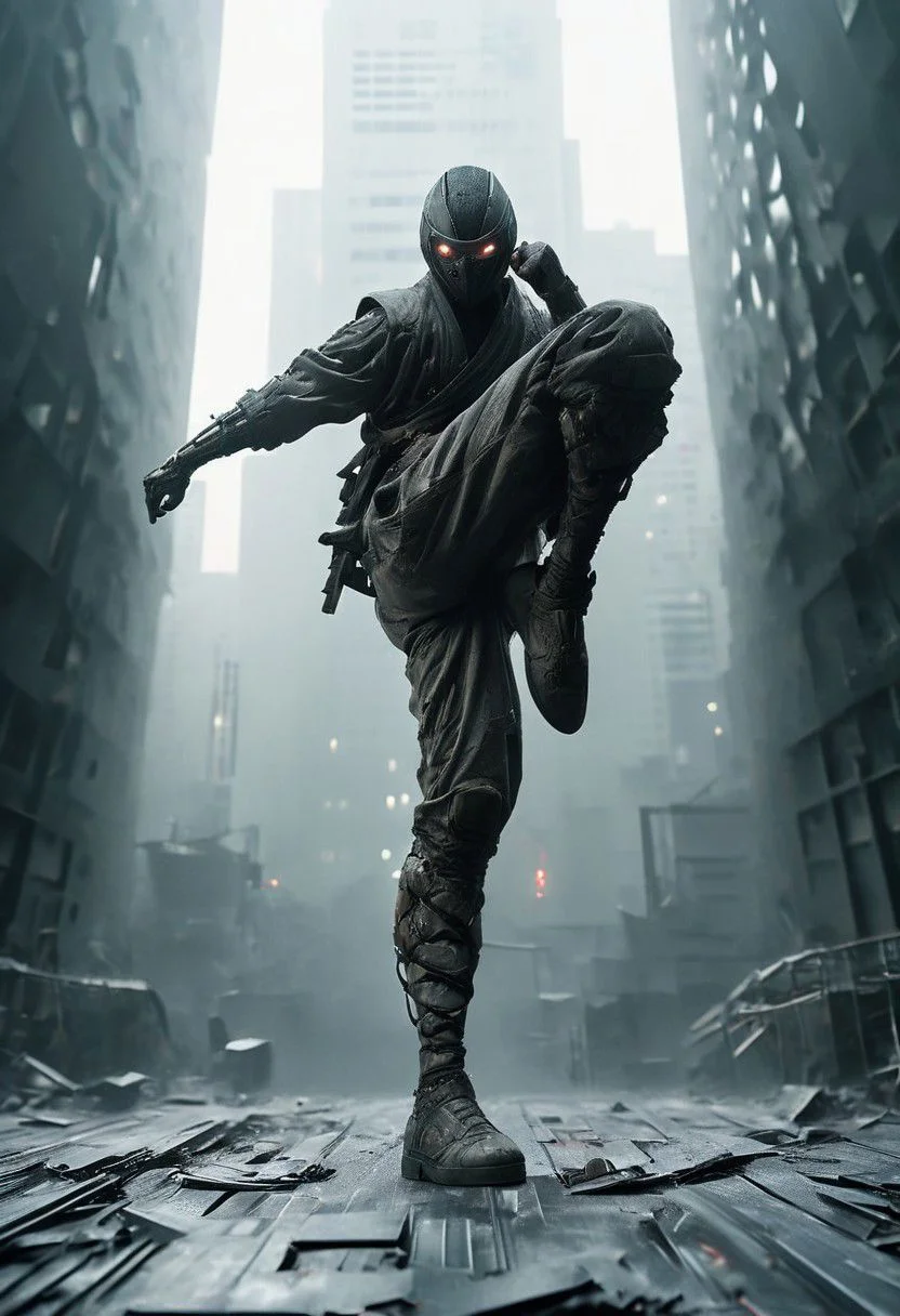 closeup, fight stance, high kick, knee Up, a dark ninja hobo, freak in ugly costume, in a dystopian bladerunner flaired megacity skyscaper shiny floor with huge window to neo tokyo,
very detailed, atmospheric haze, Film grain,  atmospheric lighting,
