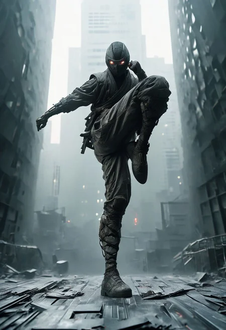 closeup, fight stance, high kick, knee Up, a dark ninja hobo, freak in ugly costume, in a dystopian bladerunner flaired megacity skyscaper shiny floor with huge window to neo tokyo,
very detailed, atmospheric haze, Film grain, atmospheric lighting,