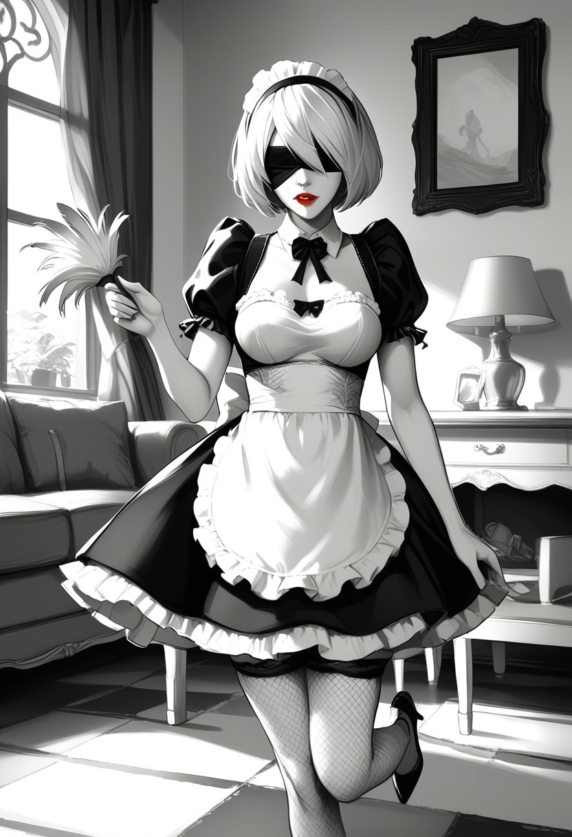 reij-bnwrt, black and white, manga art style, greyscale, monochrome, (drawn:1.1), (sketch:1.5), (crosshatching:1.25), score_9, score_8_up, score_7_up, masterpiece, best quality, absurdres, highly detailed, 
BREAK 
1girl, solo, Jedtwb, 2b, Nierautomata, short white hair, black blindfold, Jed-frmd, French Maid, a short, frilly black dress with white apron, fishnet stockings, (Louboutins:1.4), (matte red lips:1.4), (skindentation:1.2), holding feather duster, 
BREAK 
indoors, luxurious mansion, grand dining room, ornate, rich, whatever luxury stuffs