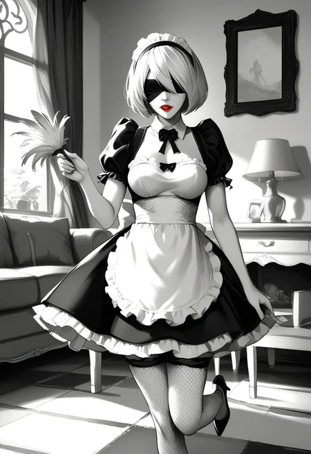 reij-bnwrt, black and white, manga art style, greyscale, monochrome, (drawn:1.1), (sketch:1.5), (crosshatching:1.25), score_9, score_8_up, score_7_up, masterpiece, best quality, absurdres, highly detailed,
BREAK
1girl, solo, Jedtwb, 2b, Nierautomata, short white hair, black blindfold, Jed-frmd, French Maid, a short, frilly black dress with white apron, fishnet stockings, (Louboutins:1.4), (matte red lips:1.4), (skindentation:1.2), holding feather duster,
BREAK
indoors, luxurious mansion, grand dining room, ornate, rich, whatever luxury stuffs