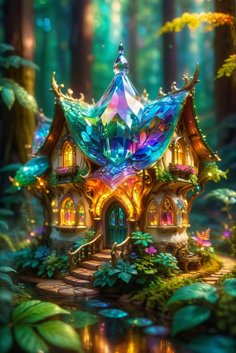 A close-up view of a luxurious crystal cottage captured using tilt-shift photography. The vibrant, iridescent cottage is nestled in a lush forest, creating a fantastical and dreamlike scene. The intricate details of the crystal structure are highlighted, and the vibrant colors shimmer and glow. The surreal and magical atmosphere is enhanced by the blurred background, making the crystal cottage stand out as a focal point of enchantment in the forest.
luxurious crystal cottage, close-up view, tilt-shift photography, vibrant, iridescent, nestled in forest, lush greenery, fantastical, dreamlike, intricate details, shimmering, glowing, surreal, magical atmosphere, blurred background, hyper-realistic, enchanting, vivid colors, ethereal, captivating, luminous, sparkling, forest setting, fairy tale-like, rich textures, detailed craftsmanship, mystical, opulent.
<lora:20240614-1718326897684:1.0>,
<lora:add-detail-xl:1.0>,
<lora:EnvyBetterHiresFixXL01:1.0>,
<lora:extremely_detailed:1.0>, extremely detailed,
<lora:EldritchMixIllustration_1.1:0.25>,
<lora:SDXLFaeTastic2400:0.6>,