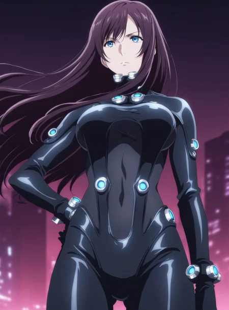 (masterpiece), (best quality), (intricate details, very aesthetic), absurdres, highres, cinematic light, 1girl, <lora:anime_screencap:1> anime screencap, anime coloring, shimohira reika, gantz, gantz suit, bodysuit, cyberpunk, standing, hand on own hip, serious, cowboy shot, mecha, blurry background, city, tokyo_(city), ciberpunk, science fiction, night, from below, floating hair, wind