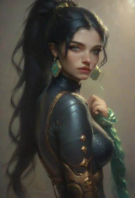 (score_9, score_8_up, score_7_up), score_6_up, best quality, masterpiece, extreme detail, perfect lighting, 4k, 2d, very detailed, best quality, highly detailed texture, depth of field, masterpiece, BREAK, 1girl, ChelXLP, chel, majestic,beautiful bright pupils, black hair, ((ponytail)), green earrings, cute face, (gorgeous face:1.3), (skin detail:1.3), (shadows:1.3), (oily, shiny:1.3), long hair, massive firm breasts,perfect body,bubble butt,
((( Callidus assassin, black bodysuit, wrist blade))), 
((relaxed)), detailed, intricate details,flowing hair, long wavy hair, fantasy, solo focus,epic, concept art, realistic, highly detailed, realistic, (front view), dark skin,Sculpted grace