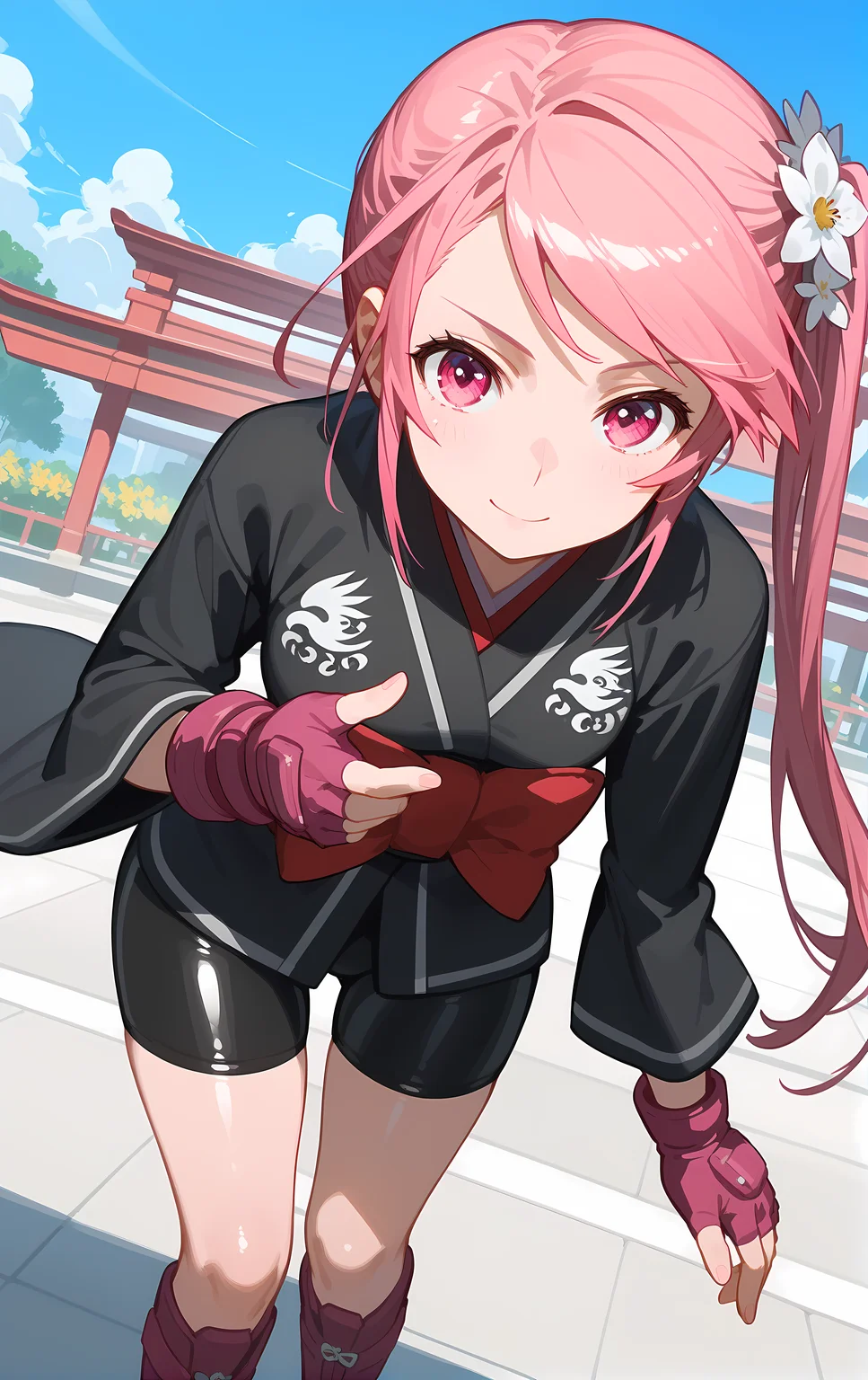 (score_9, score_8_up, score_7_up), standing, leaning forward, looking at viewer, light smile, closed mouth, shiny skin, tight clothes,
ohwx, 1girl, solo, side_ponytail, pink_hair, pink_eyes, bow, long_hair, hair_flower, flower,
japanese_clothes, fingerless_gloves, gloves, kimono, black_kimono, bike_shorts, boots,
airfield,
cowboy shot, dutch angle, close-up,
<lora:benitsubasa_pony_ss:1>